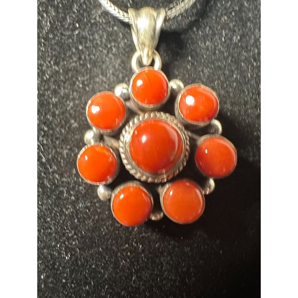 VTG Sterling Silver and Coral Pendant on 18 inch Silver Chain 22 grams